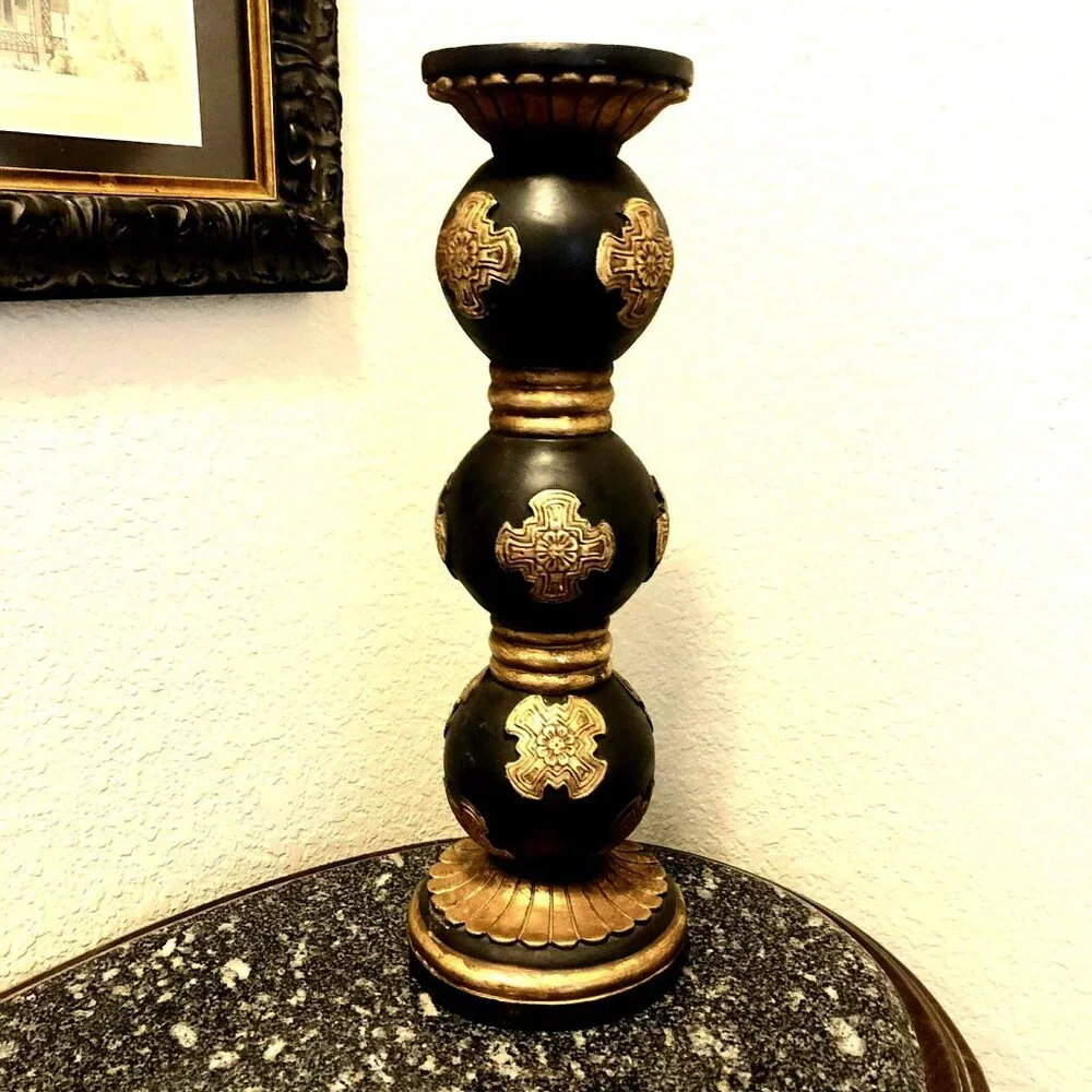 NWT STERLING INDUSTRIES Gothic Black Gilded Celtic Cross Pillar Candle Holder